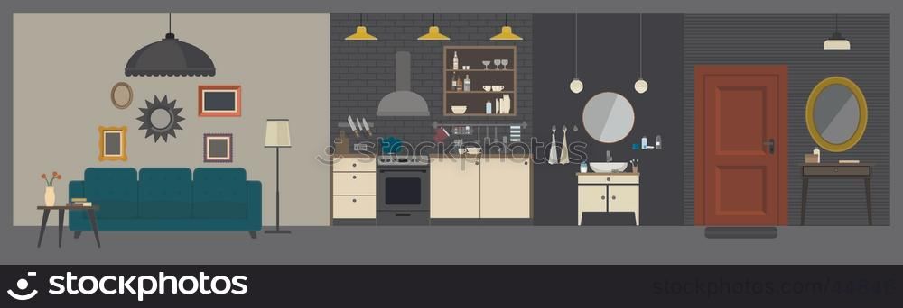 Apartment interior with furniture in flat style. Vector interior with hall, bathroom, kitchen and living room.