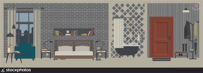 Apartment interior with furniture in flat style. Vector interior with hall, bathroom and bedroom.