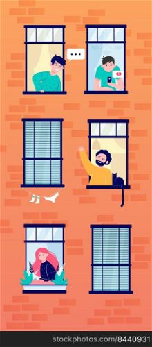 Apartment open windows with friendly neighbors flat vector illustration. Young people living in one building, man with cat talking with other guy. Lifestyle and friendship concept