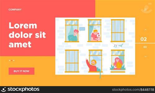 Apartment open windows with friendly neighbors flat vector illustration. Young people living in one building, man with cat talking with other guy. Lifestyle and friendship concept