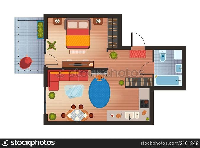 Apartment or house floor plan with furniture top view. Flat room architecture design. Home lounge, kitchen, bedroom and bathroom vector plan. Equipment for cooking, dining table, double bed. Apartment or house floor plan with furniture top view. Flat room architecture design. Home lounge, kitchen, bedroom and bathroom vector plan