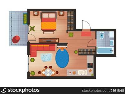 Apartment or house floor plan with furniture top view. Flat room architecture design. Home lounge, kitchen, bedroom and bathroom vector plan. Equipment for cooking, dining table, double bed. Apartment or house floor plan with furniture top view. Flat room architecture design. Home lounge, kitchen, bedroom and bathroom vector plan