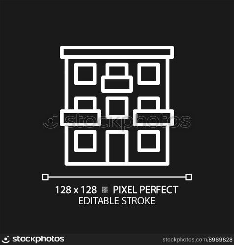 Apartment pixel perfect white linear icon for dark theme. Urban building. House exterior. Accomodation. Flat with balcony. Thin line illustration. Isolated symbol for night mode. Editable stroke. Apartment pixel perfect white linear icon for dark theme
