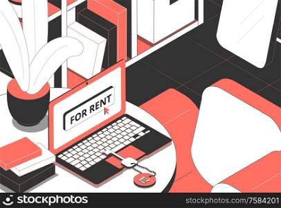 Apartment rent real estate isometric composition with closeup view of realtors working place with computer keys vector illustration. Isometric Real Estate Composition