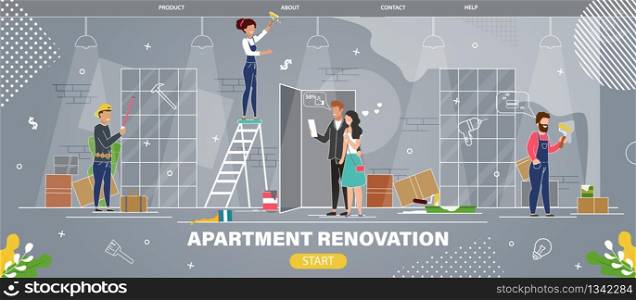 Apartment Repair Service, Renovation Company Flat Vector Web Banner, Landing Page Template. Happy Couple Watching for Workers Work in Their New Dwelling, Waiting for Renovation Finishing Illustration