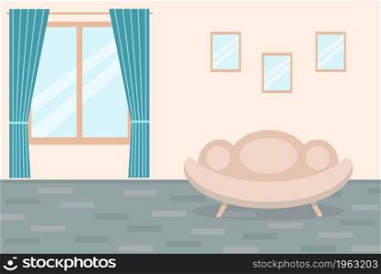 Apartment room wall, vector illustration. Living room with sofa, window and wall decor. Premises, flat style.. Apartment room wall, vector illustration.