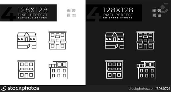 Apartment types pixel perfect linear icons set for dark, light mode. Ranch house. Condominium. Luxury penthouse. Thin line symbols for night, day theme. Isolated illustrations. Editable stroke. Apartment types pixel perfect linear icons set for dark, light mode
