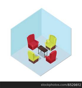 Apartment vector in isometric projection. Room interior with furniture, table and armchairs. Illustration for app icons, infographic, web and games environment design. Isolated on white background. Apartment Illustration in Isometric Projection. Apartment Illustration in Isometric Projection