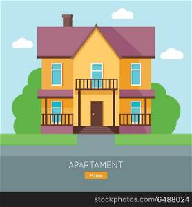 Apartment Vector Web Banner in Flat Design.. Apartment vector web banner in flat style. Buying a new place for living. Cottage house with bushes and grass illustration for real estate company web page design, advertising, housing concepts.