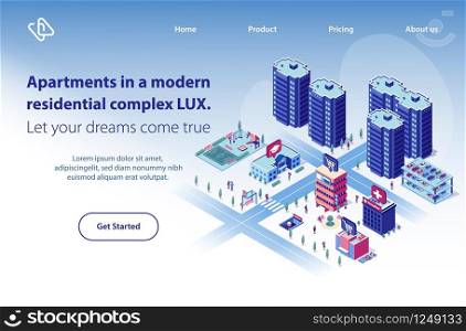 Apartments in Modern Residential Complex Isometric Vector Web Banner. City Luxury Real Estate Object with Perfect Location and Infrastructure Illustration. Construction Company Landing Page Template