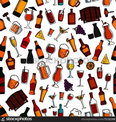Aperitif drinks, cocktails and appetizers seamless pattern with wine, beer, champagne, whisky, sake, vodka, tequila, lemonade, juice, milkshake with cheese olive grape and lemon fruits. Aperitif drinks and cocktails seamless pattern