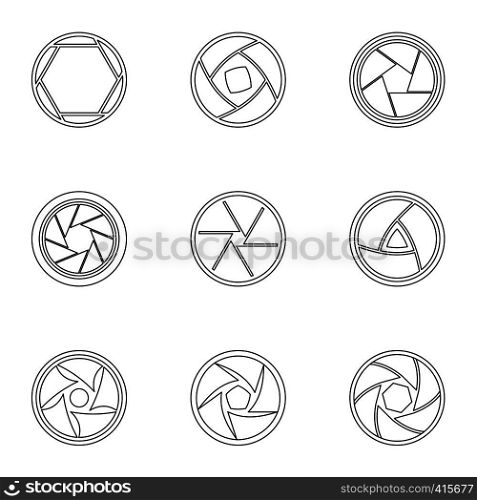 Aperture of photocamera icons set. Outline illustration of 9 aperture of photocamera vector icons for web. Aperture of photocamera icons set, outline style