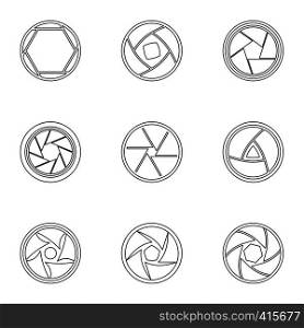 Aperture of photocamera icons set. Outline illustration of 9 aperture of photocamera vector icons for web. Aperture of photocamera icons set, outline style