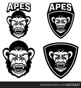 apes. Set of emblems templates with monkey head. Design element for logo, label, emblem, sign, badge. Vector illustration