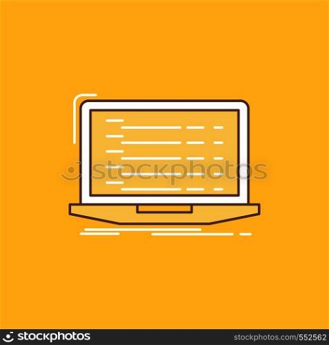 Api, app, coding, developer, laptop Flat Line Filled Icon. Beautiful Logo button over yellow background for UI and UX, website or mobile application. Vector EPS10 Abstract Template background