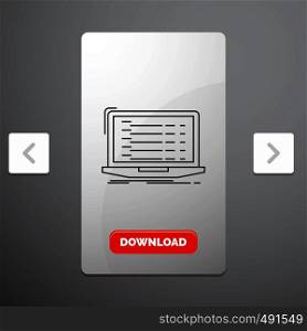 Api, app, coding, developer, laptop Line Icon in Carousal Pagination Slider Design & Red Download Button. Vector EPS10 Abstract Template background