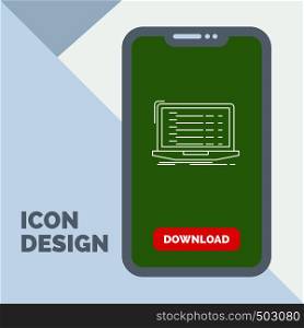 Api, app, coding, developer, laptop Line Icon in Mobile for Download Page. Vector EPS10 Abstract Template background