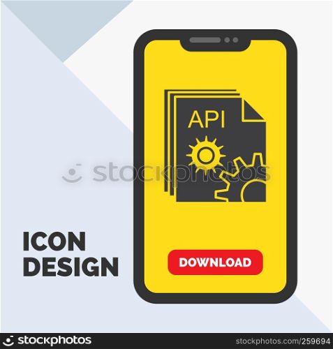 Api, app, coding, developer, software Glyph Icon in Mobile for Download Page. Yellow Background