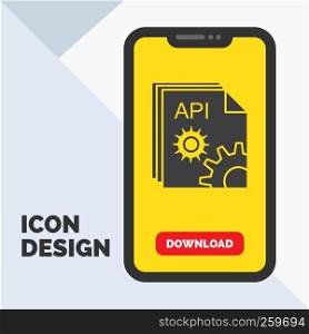 Api, app, coding, developer, software Glyph Icon in Mobile for Download Page. Yellow Background