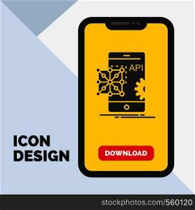 Api, Application, coding, Development, Mobile Glyph Icon in Mobile for Download Page. Yellow Background. Vector EPS10 Abstract Template background