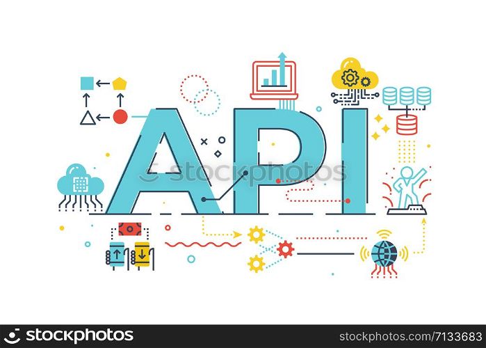 API application program interface word lettering illustration with icons for web banner, flyer, landing page, presentation, book cover, article, etc.