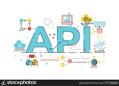 API application program interface word lettering illustration with icons for web banner, flyer, landing page, presentation, book cover, article, etc.