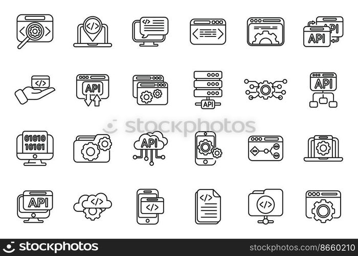 API icons set outline vector. Code develop. Computer software. API icons set outline vector. Code develop