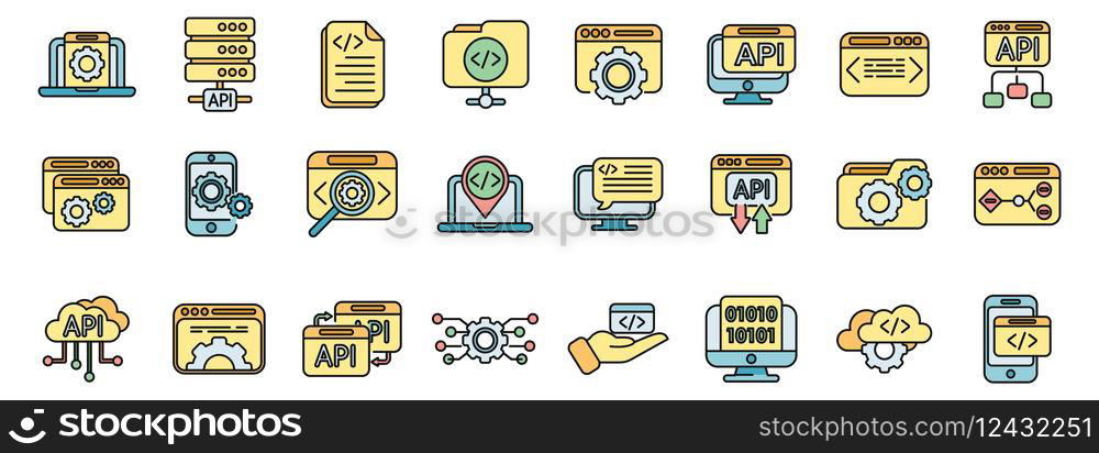 API icons set outline vector. Code develop. Computer software thin line color flat on white. API icons set vector color line