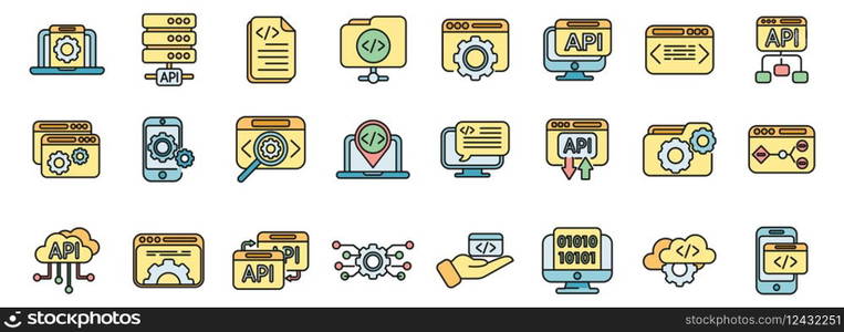 API icons set outline vector. Code develop. Computer software thin line color flat on white. API icons set vector color line