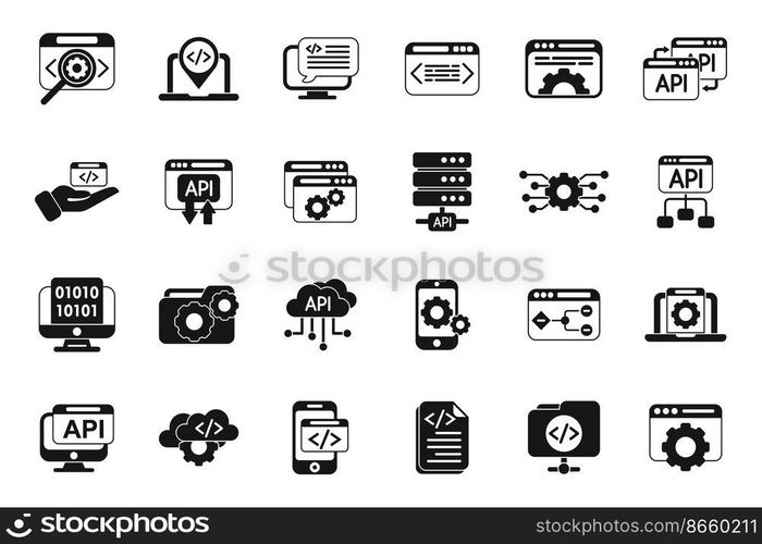 API icons set simple vector. Code develop. Computer software. API icons set simple vector. Code develop