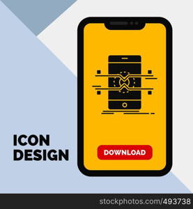 Api, interface, mobile, phone, smartphone Glyph Icon in Mobile for Download Page. Yellow Background. Vector EPS10 Abstract Template background