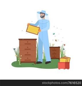 Apiarist working with bees vector, farming and beekeeping hobby business of man wearing special protective costume, beehive with honey farmer isolated. Beekeeper with Bess Colony and Box Apiarist Vector