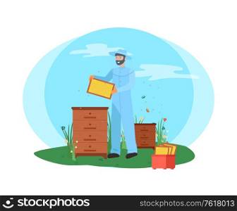 Apiarist working with bees vector, farming and beekeeping hobby business of man wearing special protective costume, beehive with honey farmer isolated. Beekeeper with Bess Colony and Box Apiarist Vector