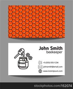 Apiary, beekeeper, natural honey maker business card. Honeycomb pattern vector illustration. Beekeeper, natural honey