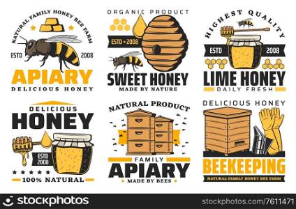 Apiary, honey and beekeeping farm vector icons. Family apiary and beekeeper labels, beehive honeycomb and honey splash, wooden barrel and glass jar. Apiary, honey and beekeeping farm icons