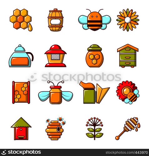 Apiary honey icons set. Cartoon illustration of 16 apiary honey vector icons for web. Apiary honey icons set, cartoon style
