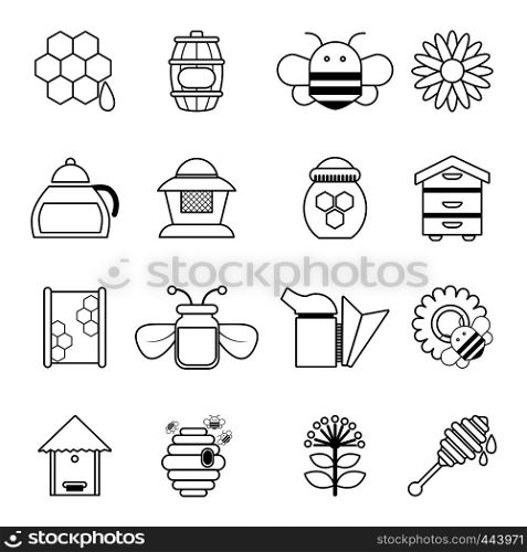 Apiary honey icons set. Outline illustration of 16 apiary honey vector icons for web. Apiary honey icons set, outline style