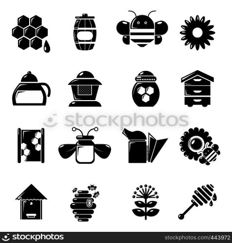 Apiary honey icons set. Simple illustration of 16 apiary honey vector icons for web. Apiary honey icons set, simple style
