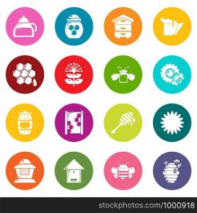 Apiary honey icons set vector colorful circles isolated on white background . Apiary honey icons set colorful circles vector