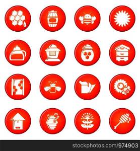 Apiary honey icons set vector red circle isolated on white background . Apiary honey icons set red vector