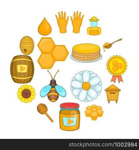 Apiary icons set in cartoon style. Honey and beekeeping set collection vector illustration. Apiary icons set, cartoon style