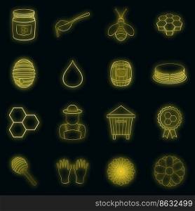 Apiary icons set in neon style. Honey and beekeeping set collection vector illustration. Apiary icons set vector neon