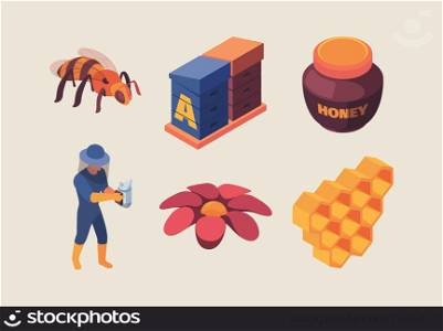 Apiary isometric. Honey farm and accessories flowers bees keeping customers honeycomb garish vector 3d illustrations set. Bee farm and beekeeper elements. Apiary isometric. Honey farm and accessories flowers bees keeping customers honeycomb garish vector 3d illustrations set
