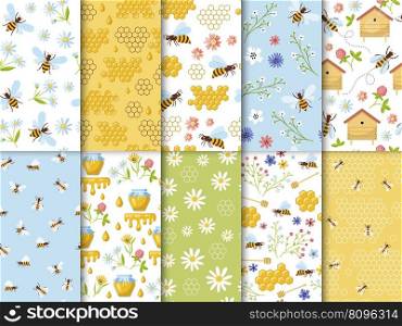 Apiary pattern. Wax bees healthy natural honey farms recent vector seamless backgrounds for textile design projects. Illustration of wax and bee pattern or background. Apiary pattern. Wax bees healthy natural honey farms recent vector seamless backgrounds for textile design projects
