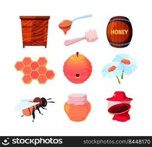 Apiary pictures. Honey beeswax honeycombs and bees flowers nectar healthy natural honey products garish vector illustrations set. Beekeeping and honeycomb, beeswax and apiary. Apiary pictures. Honey beeswax honeycombs and bees flowers nectar healthy natural honey products garish vector illustrations set