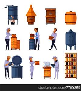 Apiary production cartoon icons set with beekeepers beehives honeycomb harvesting honey pitching and storage isolated vector illustration . Apiary Honey Production Cartoon Set