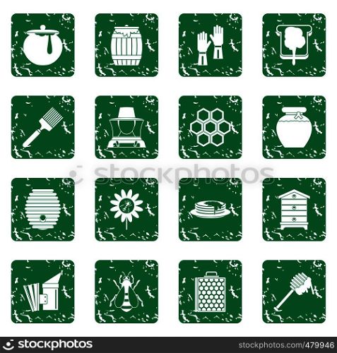Apiary tools icons set in grunge style green isolated vector illustration. Apiary tools icons set grunge