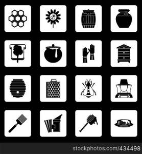 Apiary tools icons set in white squares on black background simple style vector illustration. Apiary tools icons set squares vector