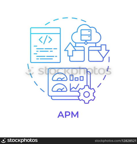 APM blue gradient concept icon. Cloud computing, application performance. Source code, programming. Round shape line illustration. Abstract idea. Graphic design. Easy to use in infographic. APM blue gradient concept icon