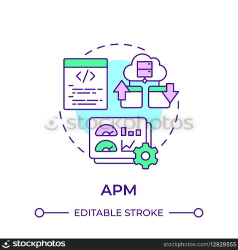 APM multi color concept icon. Cloud computing, application performance. Source code, programming. Round shape line illustration. Abstract idea. Graphic design. Easy to use in infographic, presentation. APM multi color concept icon